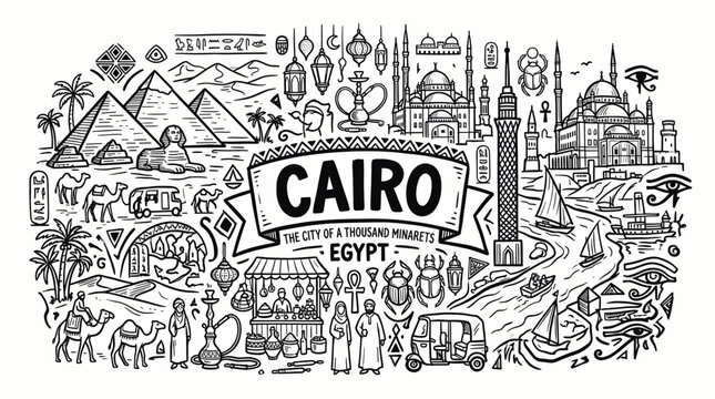 Cairo Travel Landmarks and Egyptian Cultural Symbols in Hand Drawn Doodle Style