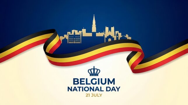 Belgium national day illustration with flag and skyline