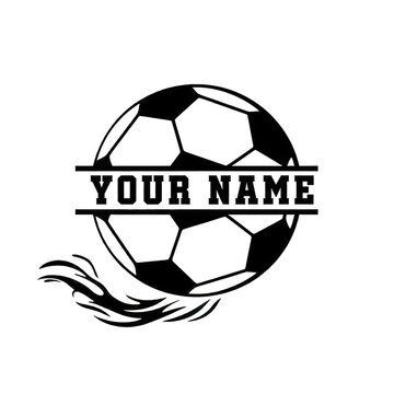 Split soccer ball logo design with a tail and custom name text banner in varsity font isolated on white background