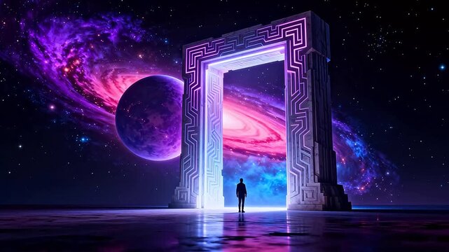 Person standing in front of glowing portal