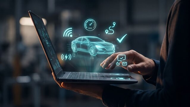 Connected vehicle management platform &mdash; professional tapping laptop with holographic car, speed dashboard, GPS route, wireless signal and approval checklist icons, fleet tracking, automotive IoT