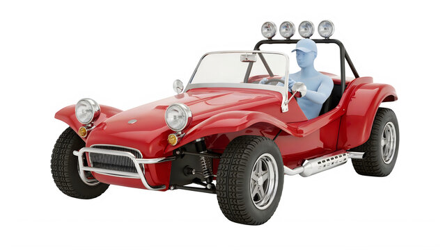 Red sports dune buggy driving on a dirt road with open top and two seats isolated on transparent background