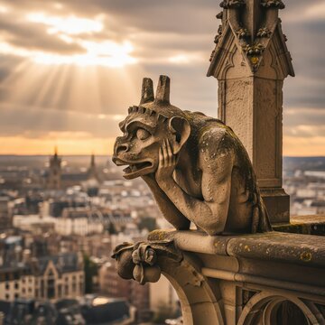 Stone Gargoyle Grimacing on Gothic Architecture Overlooking Cityscape at Sunrise