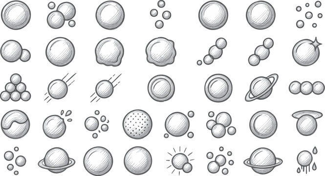 Vector illustration of various bubble and sphere designs in a sketch style, including planets and orbs with different textures and effects on a white background.