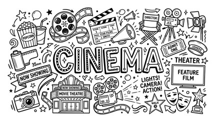 Fototapeta premium Cinema and Movie Industry Symbols in Black and White Hand Drawn Doodle Style