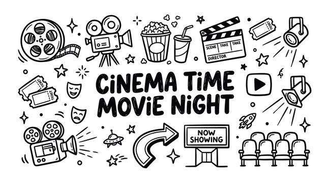 Cinema and Movie Industry Symbols in Black and White Hand Drawn Doodle Style
