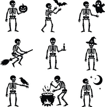 Skeletal figures with halloween props black silhouettes on a white background bones