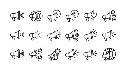 Fototapeta premium Megaphone and bullhorn line icon set for marketing communication