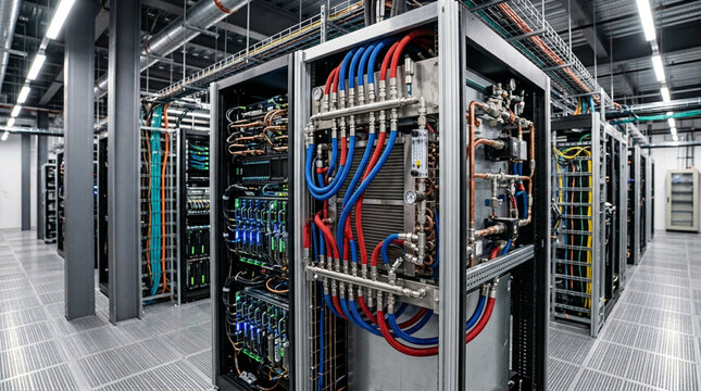 Server racks featuring dense red and blue liquid cooling tubes within a data center environment.