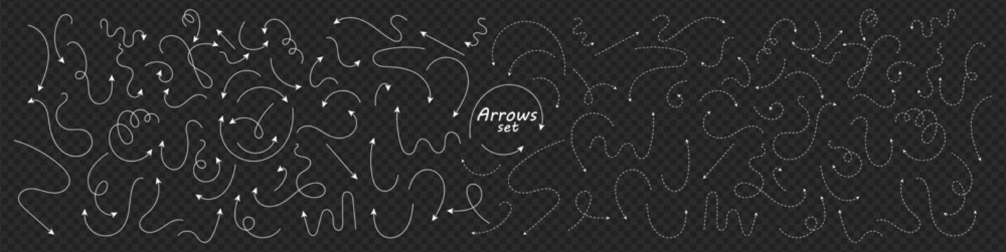 Set of hand drawn thin line and dash line arrows. White curved vector pointers pointing in different directions on dark like png bg. Simple design elements of signpost showing confusing complex path.