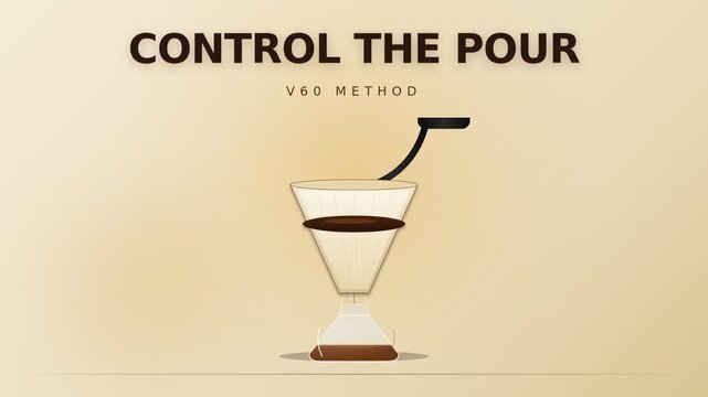 Control the pour V60 coffee brewing animation. Side-view cross-section of V60 cone with water stream and extraction flow. Motion graphics for culinary tutorial and social media