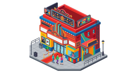 Obraz premium Colorful Isometric Cinema Building with Movie Theater Interior and Audience