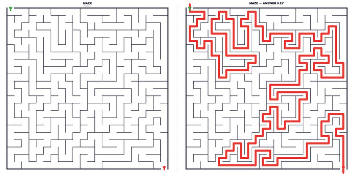 Maze puzzle worksheet. Medium difficulty 22x22 grid. Printable brain teaser for kids and students