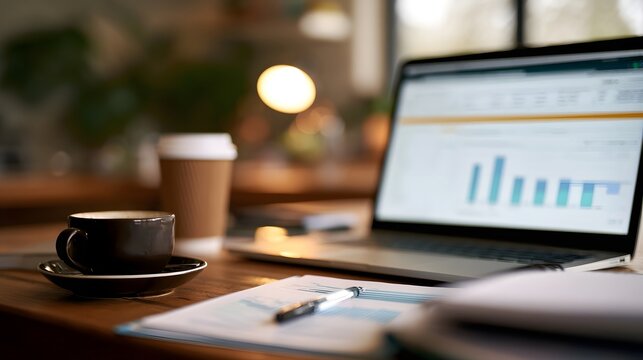 A laptop displaying bar charts sits next to a dark coffee cup on a wooden desk with papers and a pen