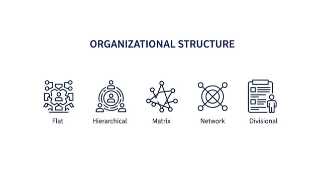 Business Management Infographic with five organizational structure icons on white background ideal for corporate presentations and HR training materials.