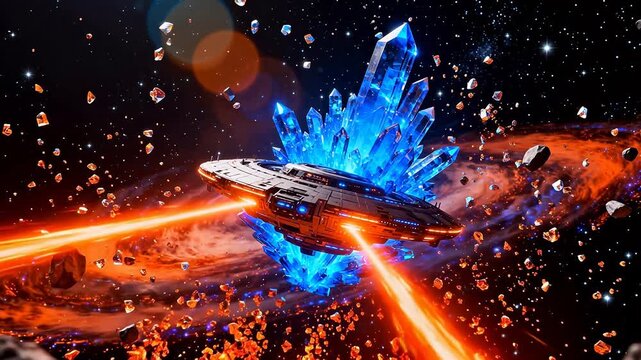 Spaceship near crystal formation in space