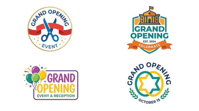 vector grand opening event logo designs with scissors ribbon celebration banners for corporate and festive celebrations