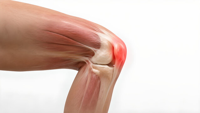 Patellofemoral pain syndrome knee joint anatomy medical education image showing anterior kneecap pain inflammation focus, realistic patella cartilage tendon detail on white background