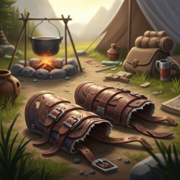 Tattered Leather Bracers and Camping Scene