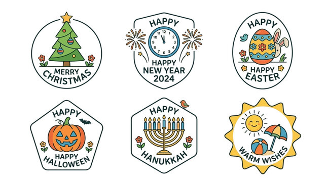 vector festive holiday stickers for Christmas, New Year, Easter, Halloween, Hanukkah, and summer celebrations with colorful icons and cheerful designs