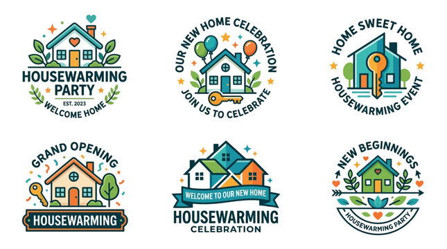 vector home warming party celebration logos for housewarming events and new home openings with festive designs and icons