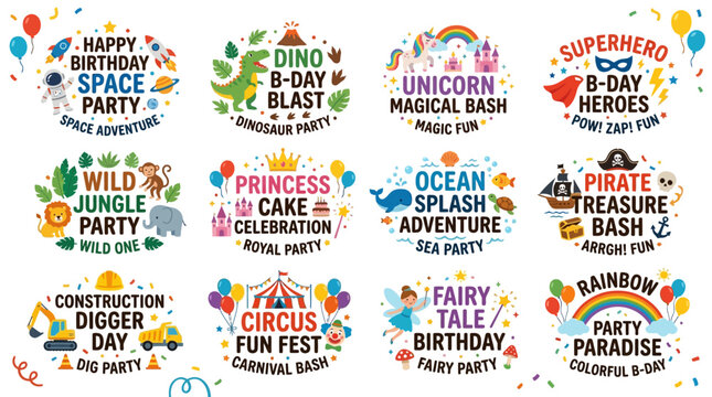 vector celebration party themes for kids birthday events with colorful designs including dinosaurs space adventure unicorn magic and superhero parties all in vibrant cartoon style vector illustration