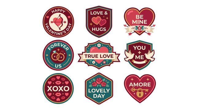vector collection of romantic Valentines Day labels featuring hearts, love symbols, and affectionate phrases for commercial use