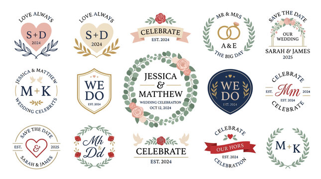 vector wedding celebration logo templates with floral wreaths, heart symbols, and elegant typography for commercial use