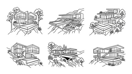 Fototapeta premium Modern Architecture: Luxury Villa Designs on Hillsides - Line Art Set