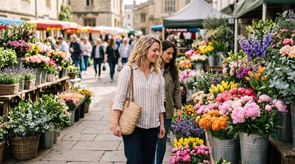 Fototapeta premium Women enjoying vibrant outdoor flower market