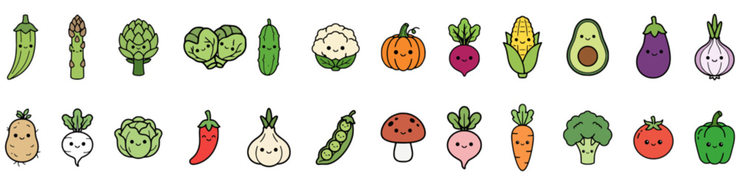 Cute Kawaii Cartoon Vegetables SVG Bundle | Minimal Black & Color Vector Clipart Set | Smiling Vegetable Collection