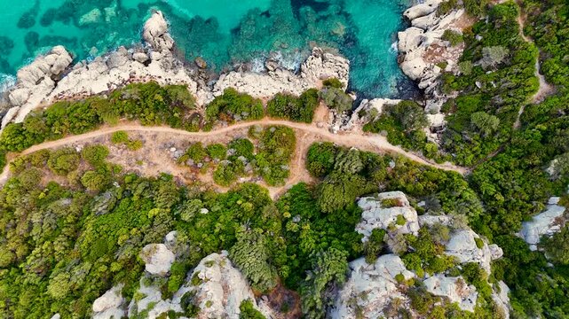 Aerial View of a Lush Coastal Landscape transitioning to Turquoise Ocean Waters and Rocky Shores. Sardinia holiday trip.