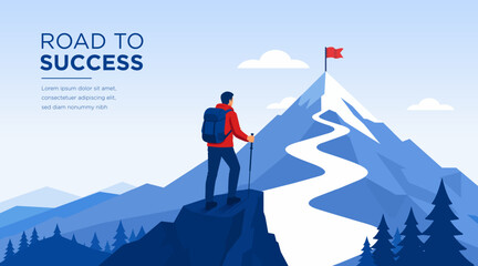 Fototapeta premium Road, Success, Mountain, Journey, Achievement vector banner featuring a climber reaching goals and business ambition concept. Modern illustration background for presentation, website banner