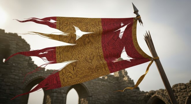 Tattered Woolen Banner With Ornate Design Waving Against Ancient Stone Ruins