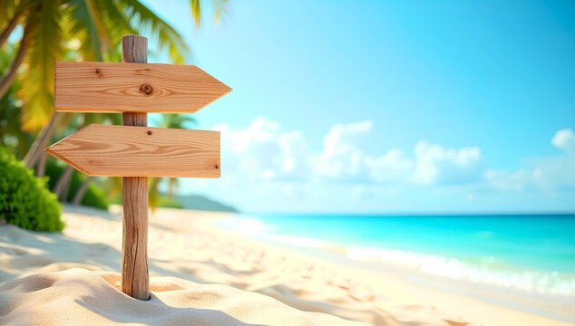 Artwork showing wooden signpost with two blank directional arrows pointing left and right on sandy tropical beach with turquoise ocean and palm trees