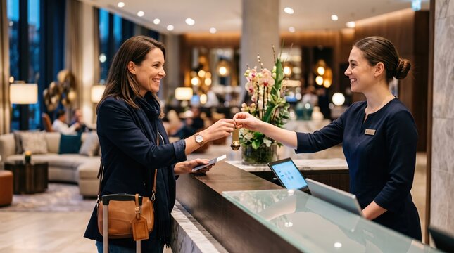 Guest checking in at a modern hotel reception