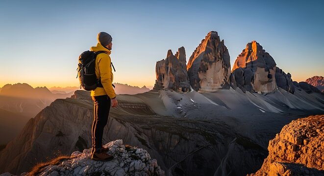 Solitary figure admiring ancient rock formations at sunset.