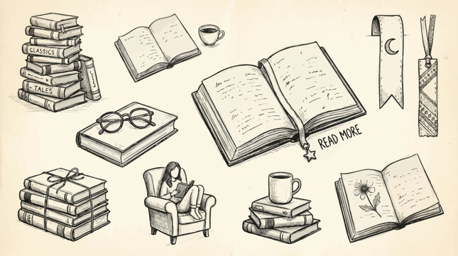 Sketch illustration featuring stacked books an armchair reader open novels bookmarks and mugs on a paper texture