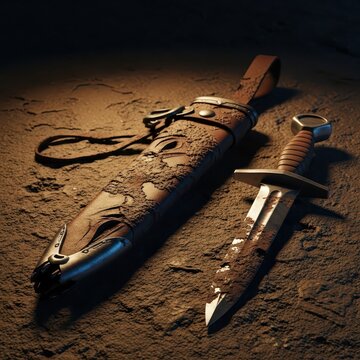 Torn and Mud Caked Leather Scabbard with Medieval Dagger on Rough Ground