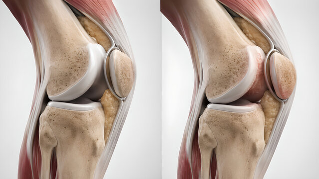 Knee joint comparison medical illustration of normal anatomy versus patellofemoral pain syndrome with chondromalacia patella, realistic cartilage damage for orthopedic healthcare and patient education