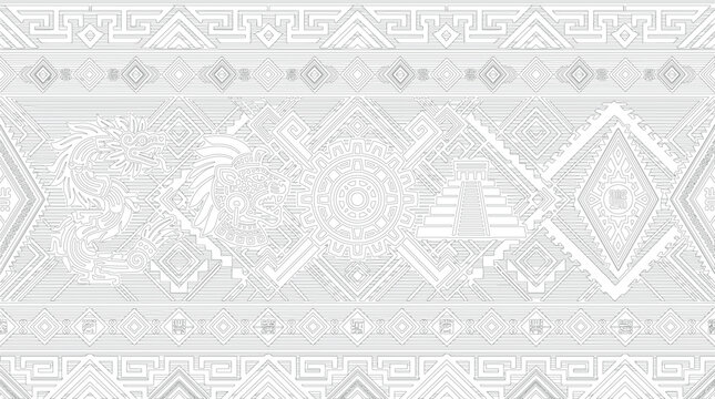 Intricate Mayan and Aztec geometric tribal seamless pattern vector illustration, thin line ornament banner texture with dragon and ancient pyramid for historical coloring page.