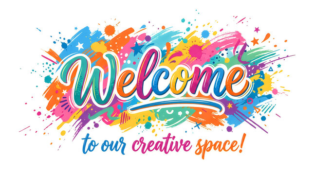 Colorful abstract splash lettering 'Welcome' with stars and confetti during bright festive celebration