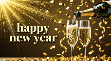 Fototapeta premium Champagne pours into glasses. Golden confetti falls around text. Happy New Year celebration with bubbly drink and sparkling lights. Festive party atmosphere.