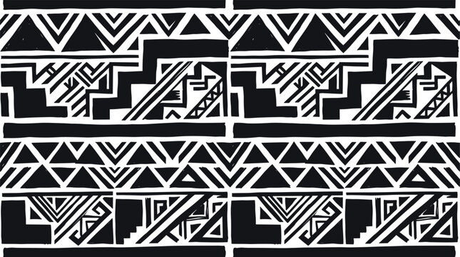 Abstract tribal ethnic seamless pattern vector illustration, black and white geometric Aztec ornament background texture for textile fabric and wrapping paper design.