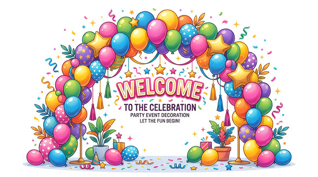 Colorful balloon arch with 'Welcome to the Celebration' text during a festive party event