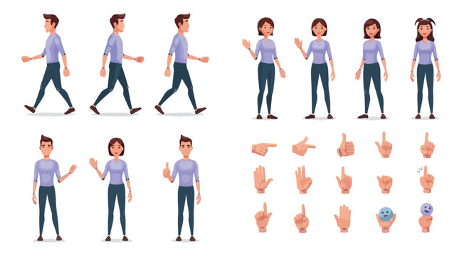 Flat character animation kit with man and woman poses, diverse hand gestures and walking cycle, cartoon people creator set for motion graphics