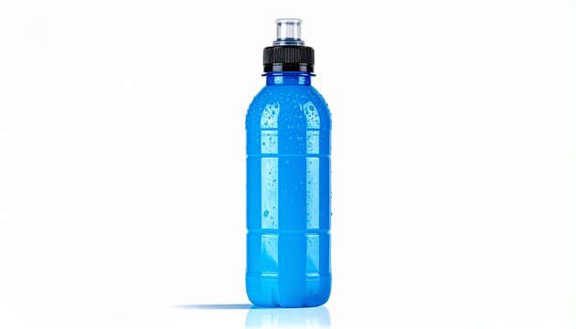 Blue textured plastic water bottle with black cap, transparent spout, reusable hydration container design.
