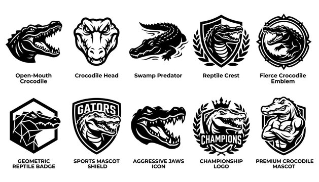 Crocodile Logos Featuring Various Designs and Styles Featuring Reptile, Logo, Design with Emblem and Mascot Elements