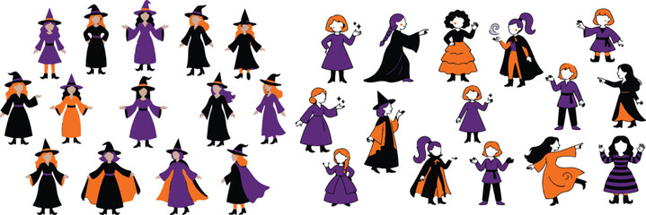 Obraz premium Set of halloween witches in various poses and colors for spooky decorations