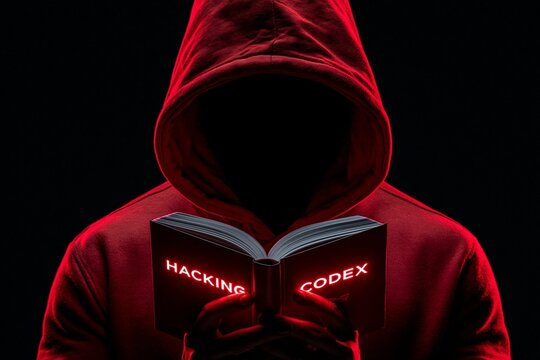 Person wearing a red hooded sweatshirt reading a glowing hacking codex book with dark mysterious background